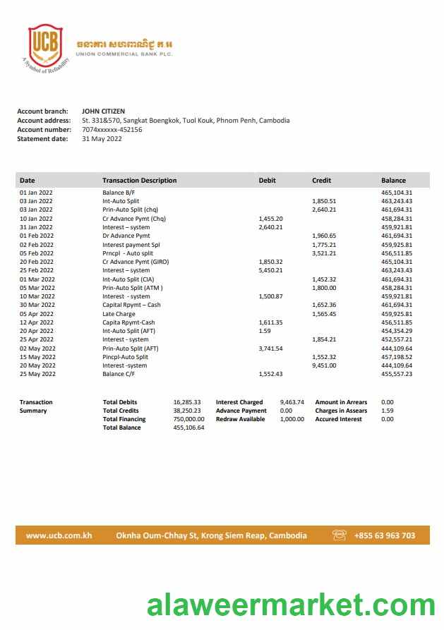 Cambodia Union Commercial bank statement